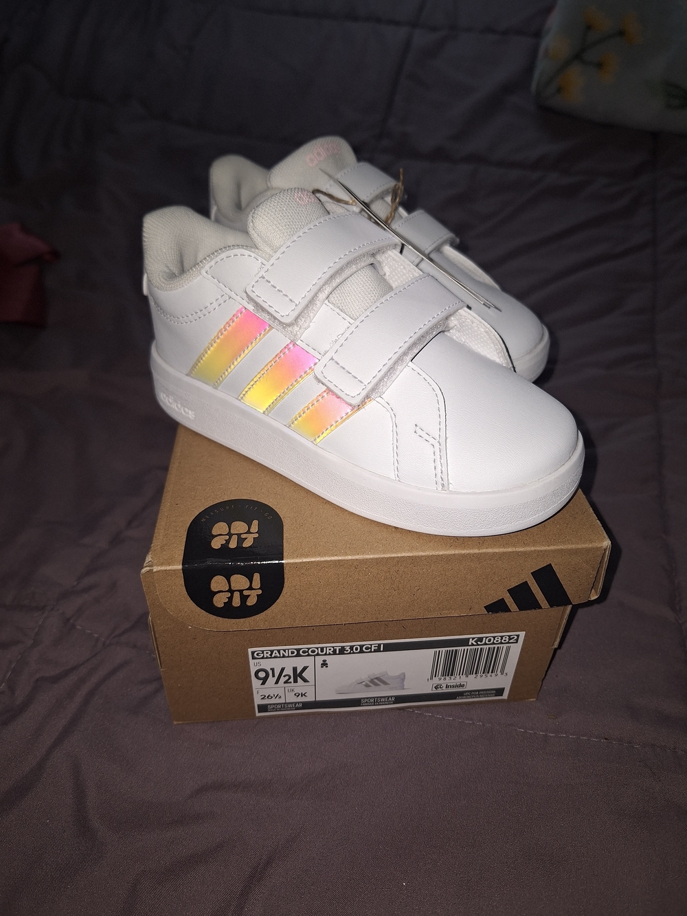 adidas Kids White Sneakers with Iridescent Pink-Yellow Stripes